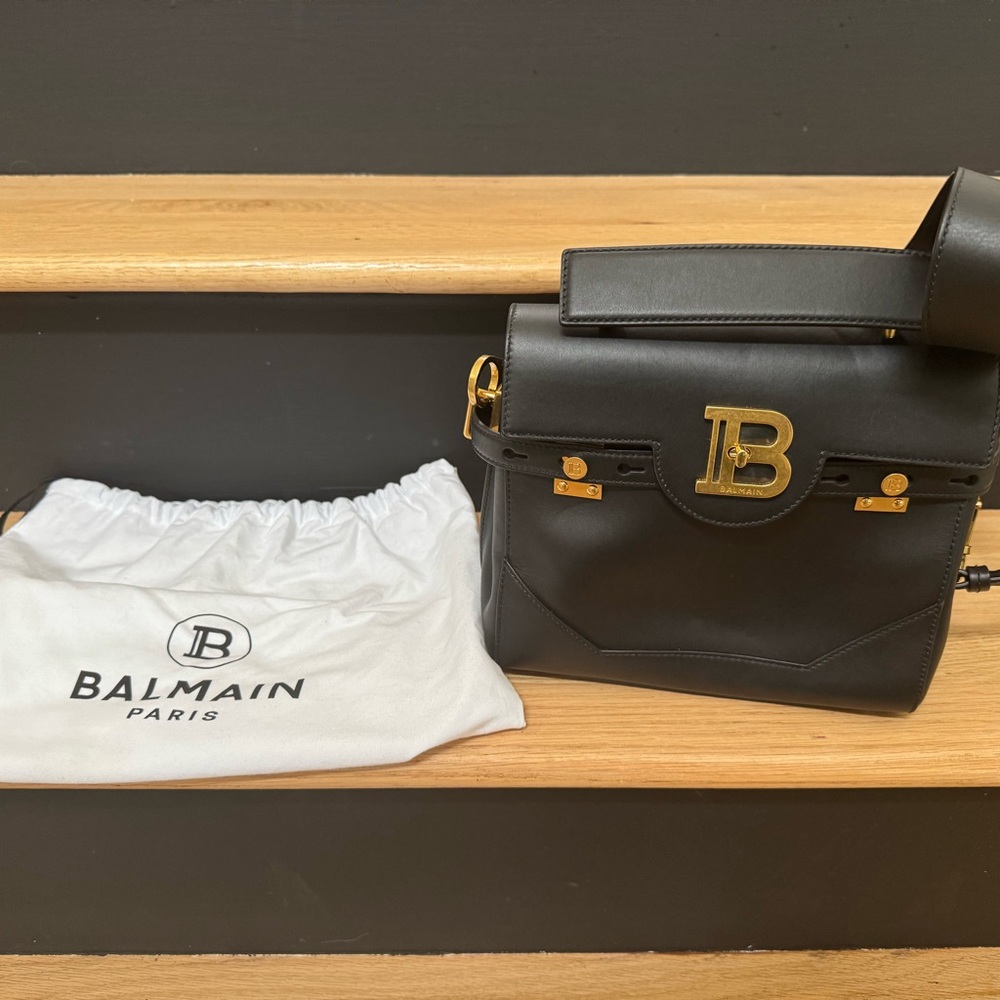 Balmain Black Leather Shoulder Bag with Gold Details
